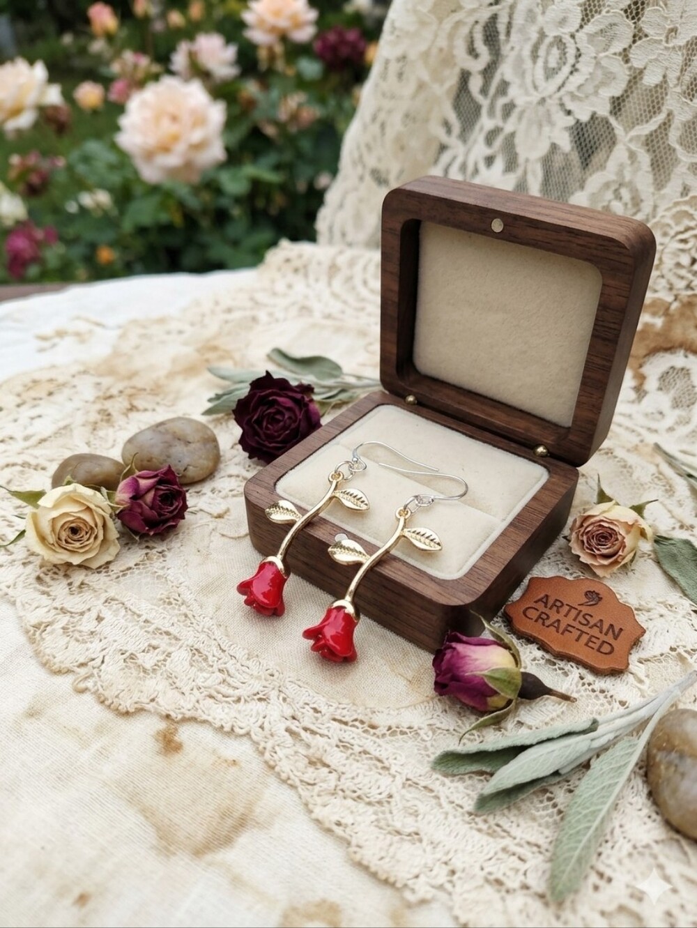 Hand Crafted Gold and Red Rose Drop Earrings